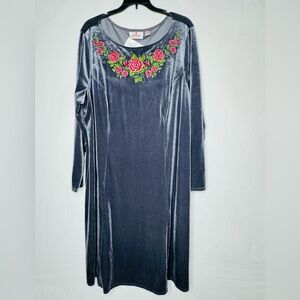 Quaker Factory Velvet Shift Dress 1X Embroidery Floral Rhinestone Stretch Church